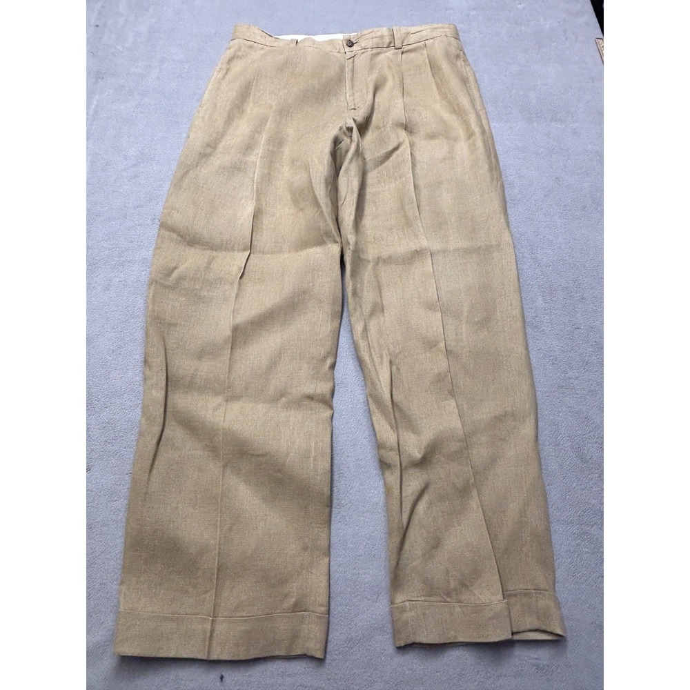 Brooks Brothers 346 Mens 36x30 Pleated Linen Trousers Tan Khaki Cuffed Pants